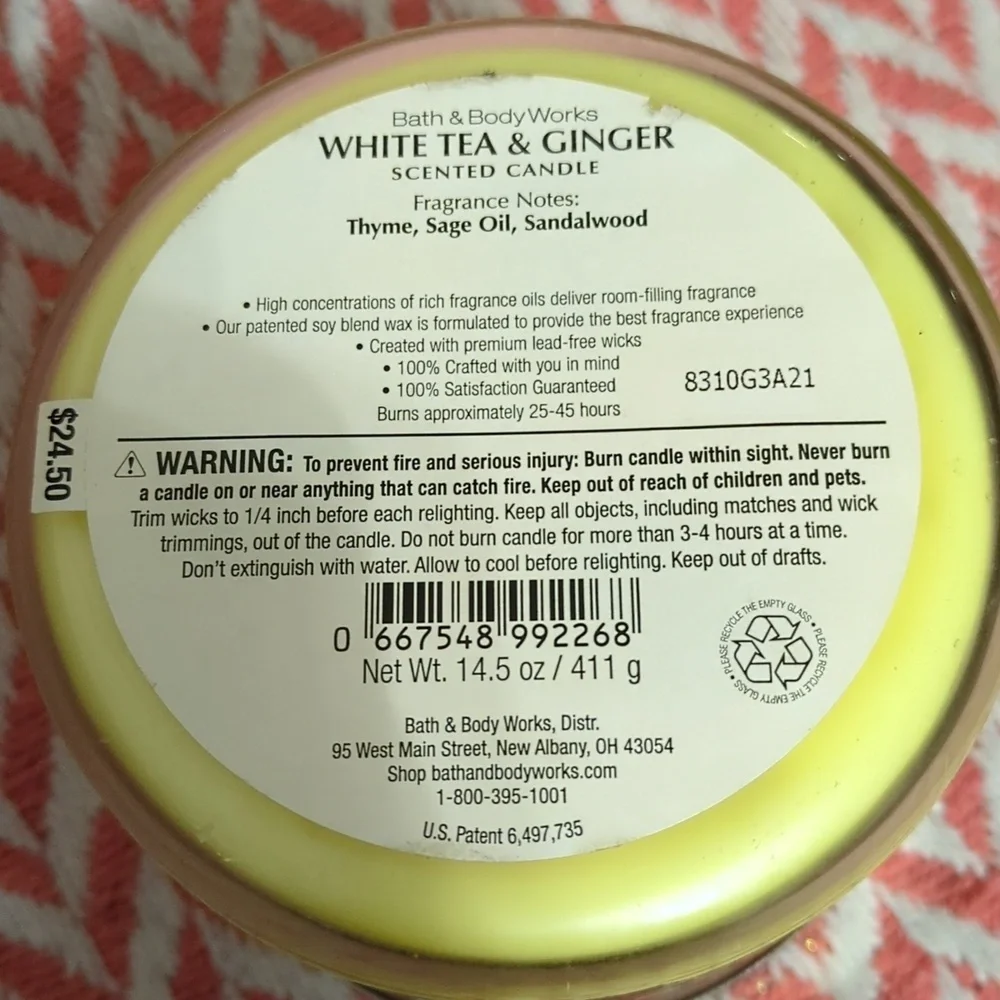NWT BBW Bath and Body Works White Tea & Ginger 3-Wick Candle 14.5 oz - Picture 3 of 3